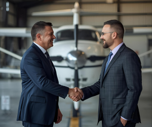 Apretón de manos entre empresarios con un avión de fondo en un hangar)